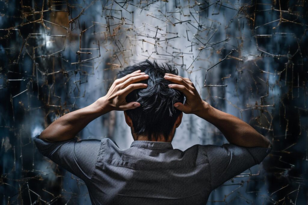 頭を抱えて後悔する男性